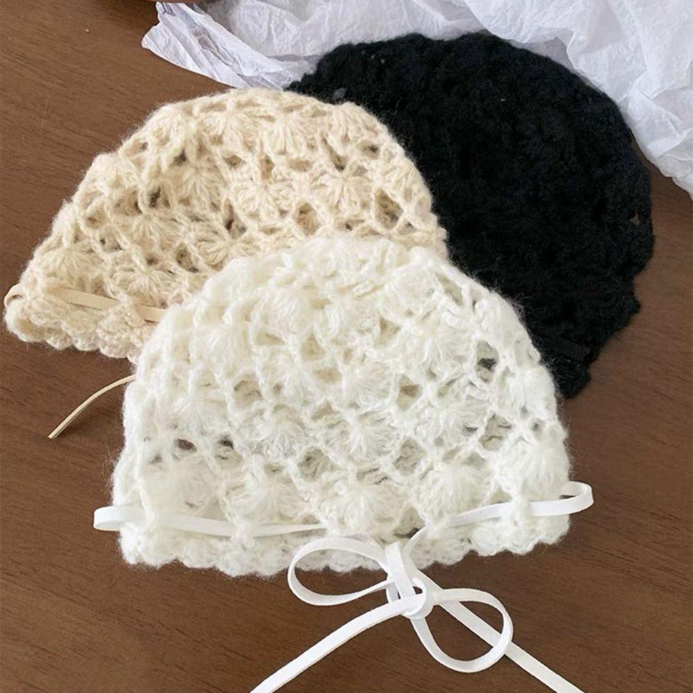 Bow Knit Beanies Bohemian Style Weave Cap Casual Crochet Hollow Knitted Hat  Apparel Accessories