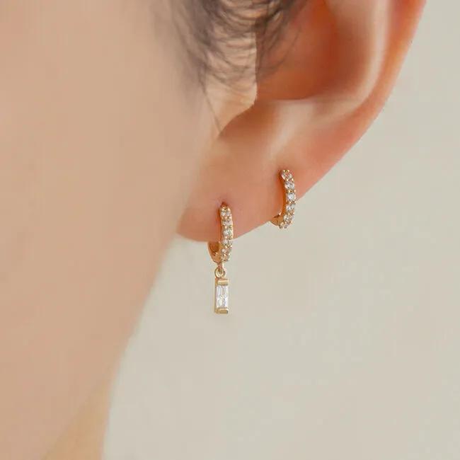 14k Baguette Pendant Drop Cubic One-Touch Earrings (14k Gold) A11