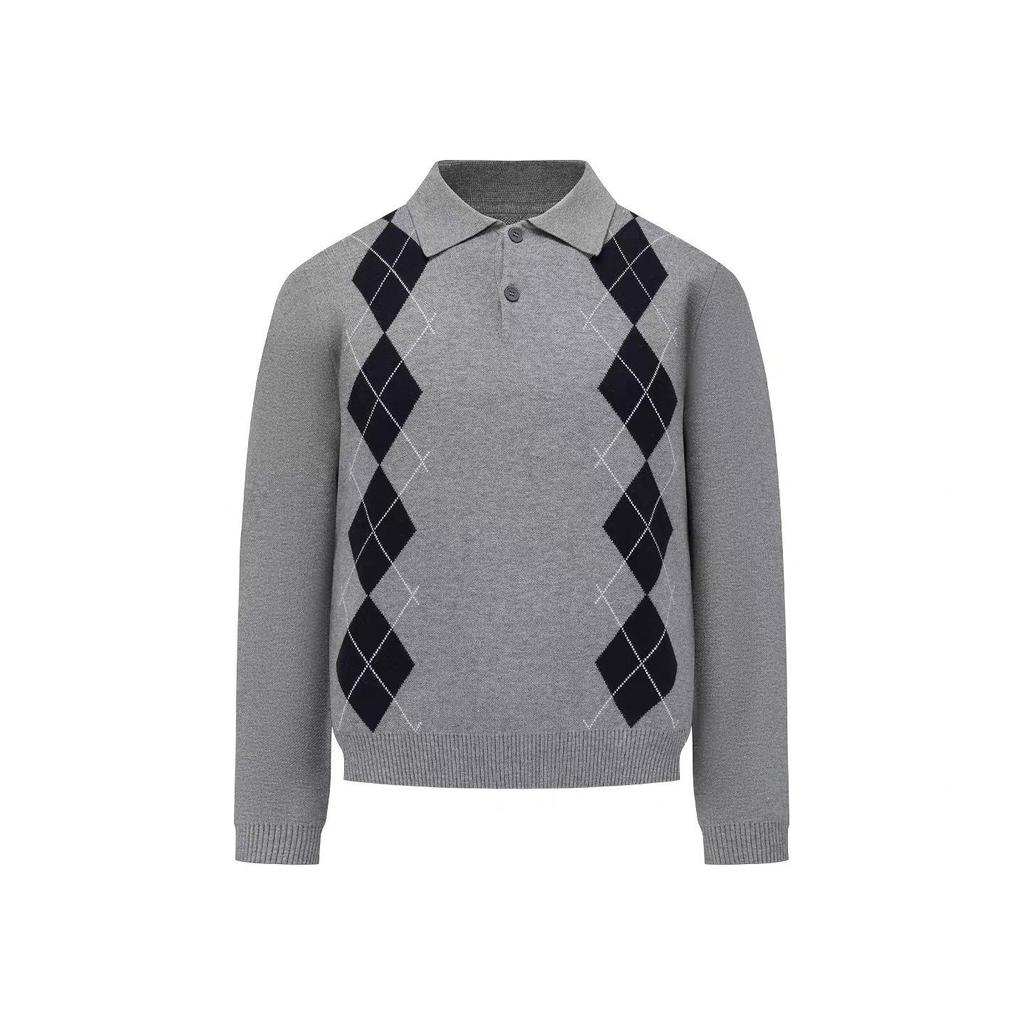 Men's British Argyle Long-Sleeve Polo Sweater - Versatile Collegiate Style for Spring and Autumn