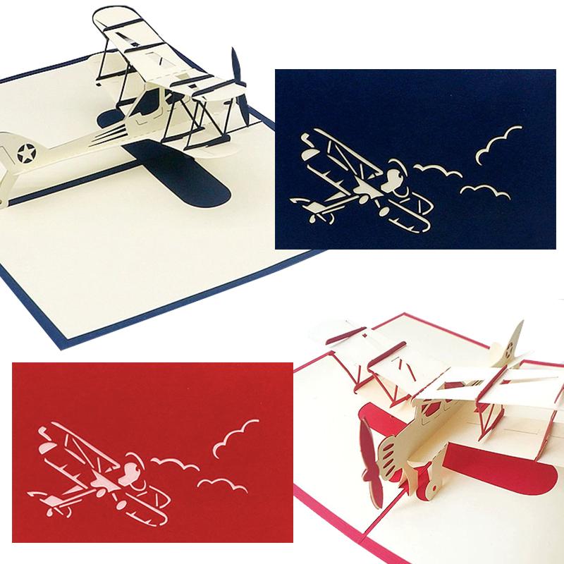 

2PCS Assorted Color Retro Style 3D Airplane Shape Greeting Card Blue Red Grey Paper Foldable Invitation Christmas Gift Cards ZYF