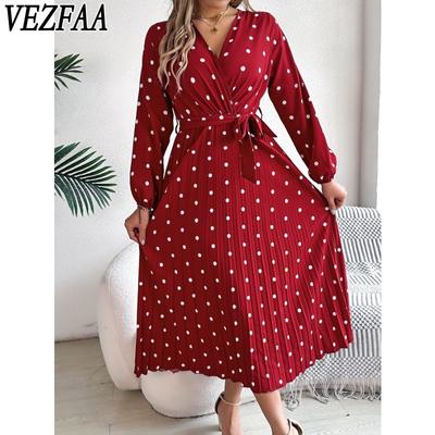 Women's Fashion Spring Fall Polka Dot Print Long Sleeve V-Neck High Waist Casual Dresses