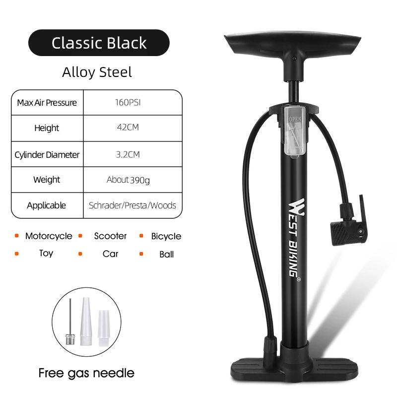 WEST BIKING Bike Pump With Gauge 160PSI High Pressure Hand Pump Schrader/Presta Valve Tire Inflator MTB Road Bike Accessories