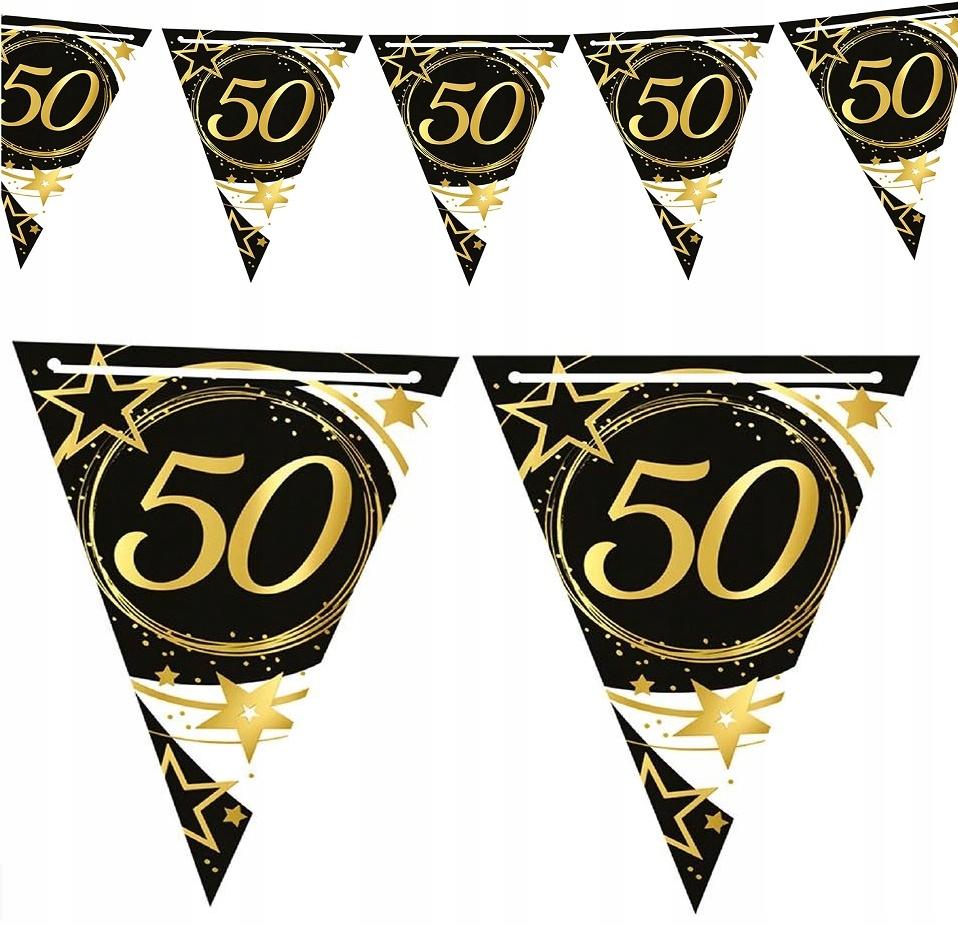 Baner Flagi Girlanda Papierowa 50 Urodziny Czarny Złoty Party 300Cm
