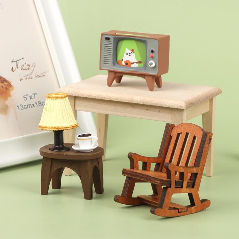 1:12 Dollhouse Mini Resin Table lamp TV Rocking Chair Stool Tea Set Furniture Kitchen Japanese Style Groceries Crafts Decor Toy