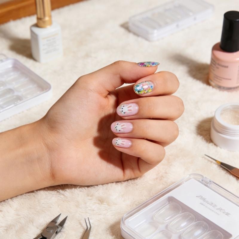 ABS Material Short Square Artificial Nail Featuring Rabbit Patterns And Floral Art For Festive Occasions