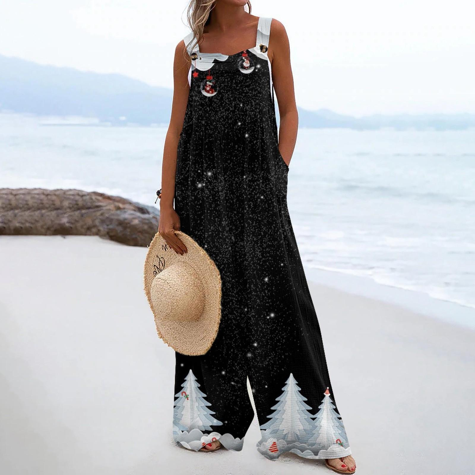 

Широкий комбинезон для женщин, повседневный свободный комбинезон без рукавов с принтом и пуговицами, длинные брюки, комбинезон с карманами XXL чёрный