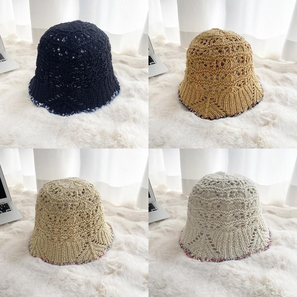 Stylish Round Top Knit Sun Hat With Floral Lace Trim Lightweight Sunscreen Bucket Cap For Summer