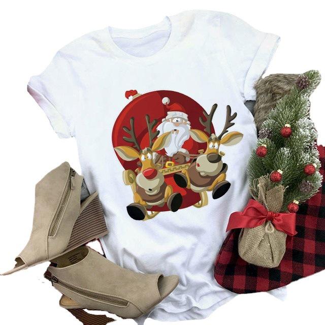 Damski Świąteczny T-shirt z Krótkim Rękawem i Nadrukiem