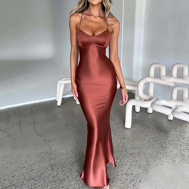 New Women's Sexy Suspender Satin Fashion Halter Strap Waist Evening Dress Dress