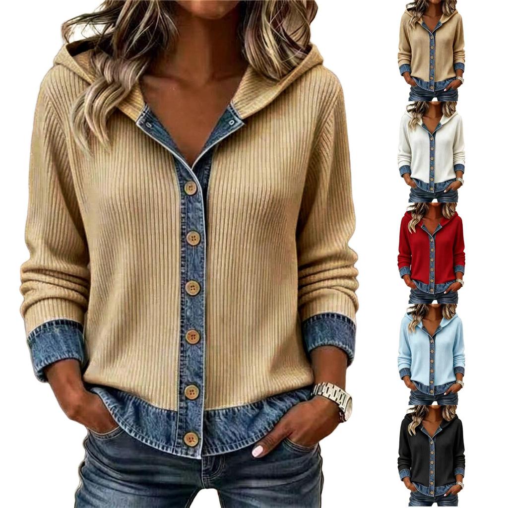 Women's Casual Denim Patchwork Hooded Knit Button Front Jacket