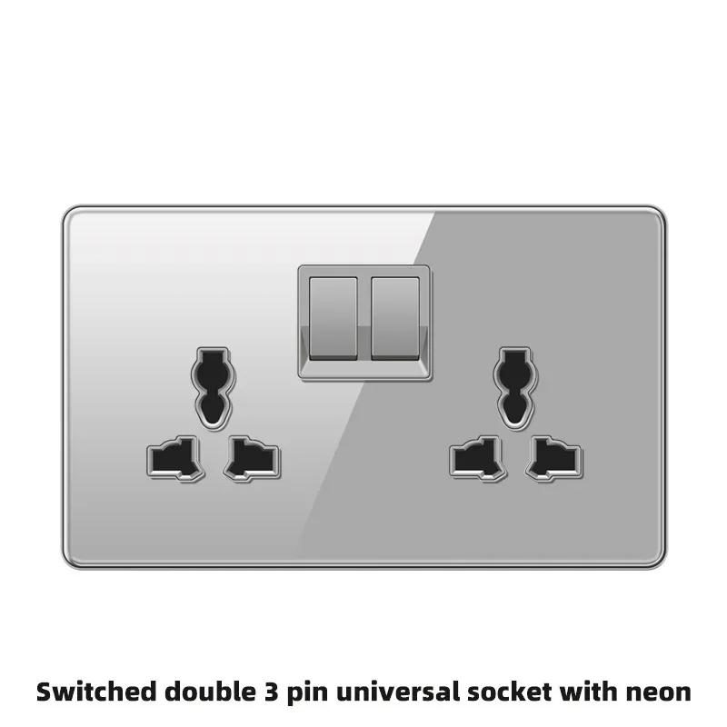 Deluxe Grey Tempered Glass Panel UK 13A Plug Electrical Socket, Double 5 Pin Socket and Switch, EU Universal USB C Wall Socket