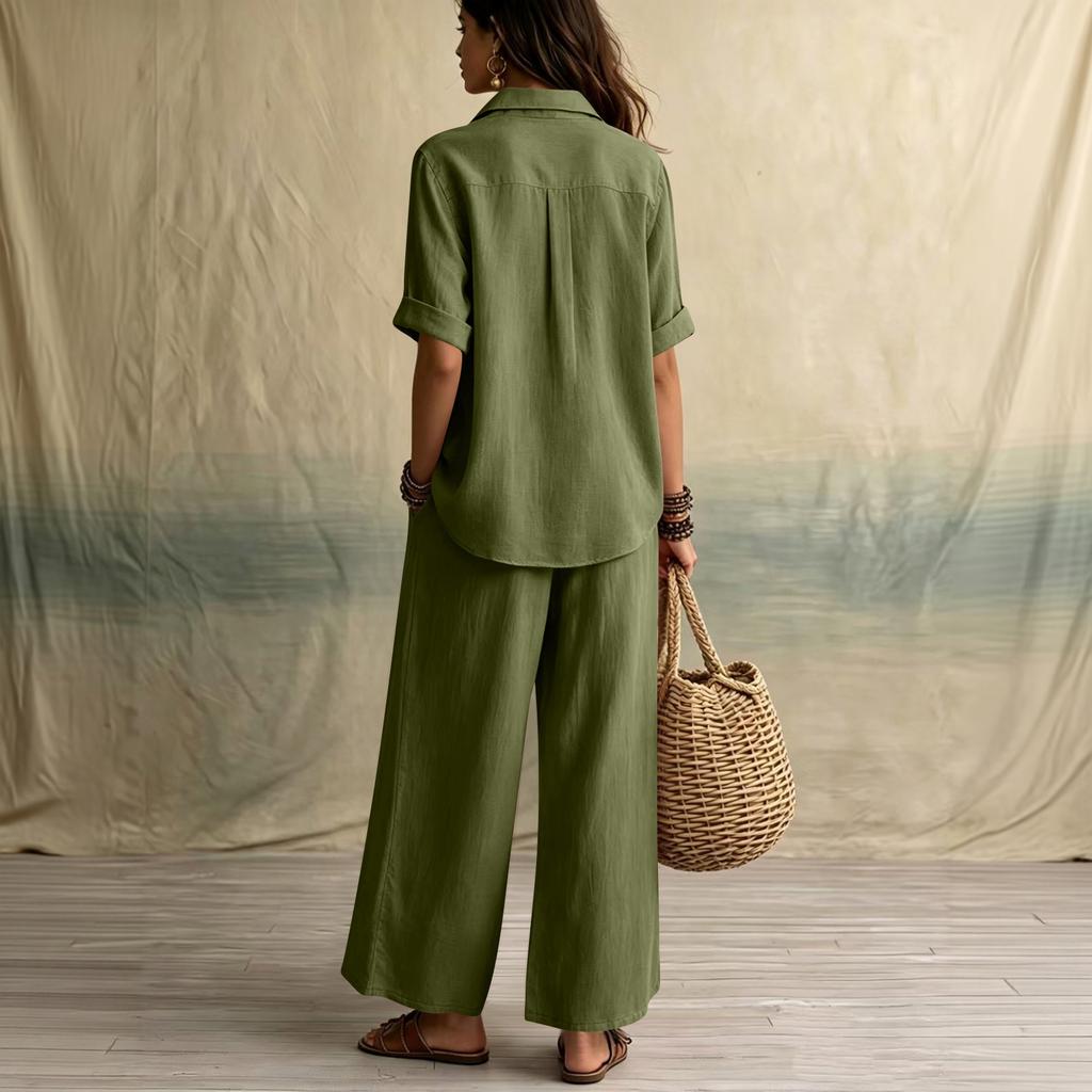 Women's Casual Two Piece Set Color Lapel Collar Button Front Half Sleeve Top and Wide Leg Pants