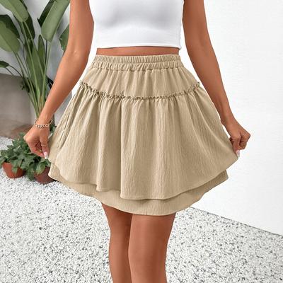 Women's Summer New All In One Leisure Vacation Elastic Fluffy Solid Color Layered Short Skirt