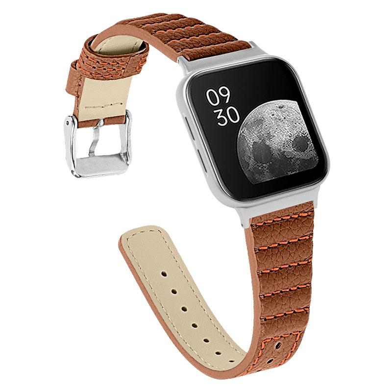 

Top Layer Cowhide Genuine Leather Stylish Wave Texture Wrist Band Replacement Smart Watch Strap with Buckle for Oppo Watch 41mm Brown