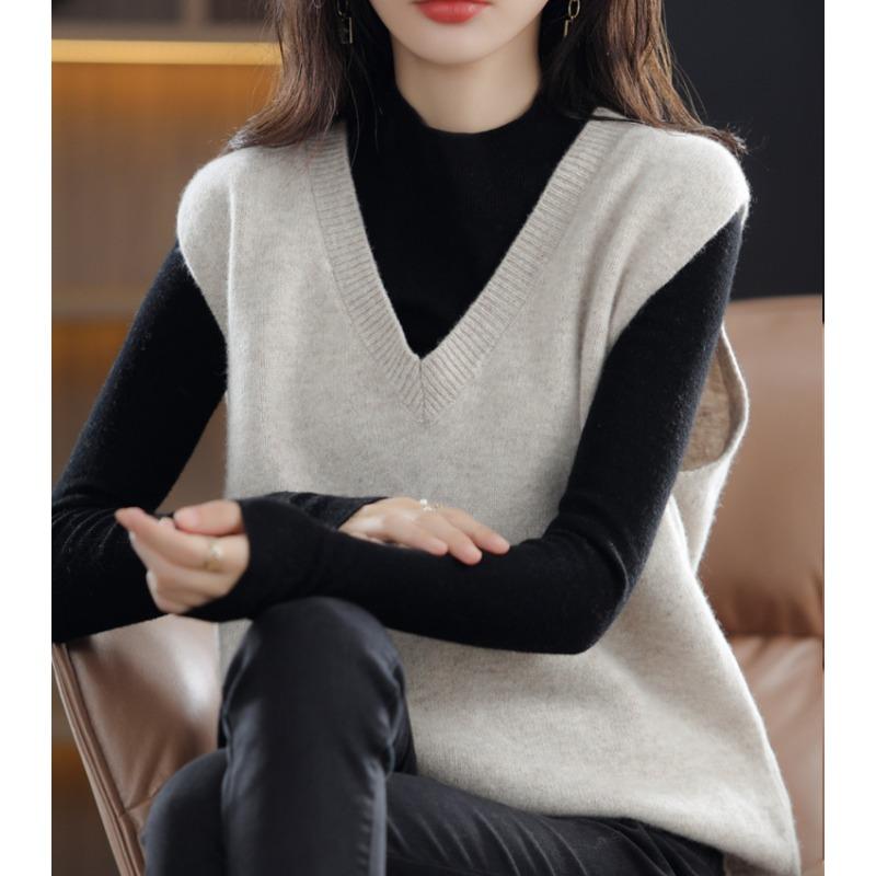 Luźna dzianinowa kamizelka dla kobiet, bezrękawnikowe swetry, ciepłe zimowe dekolty w serek