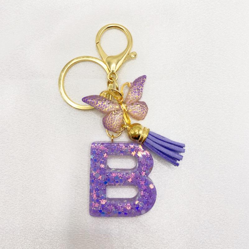 26-Letter Alphabet Resin Keychain with Star Sequins & Tassel Charm
