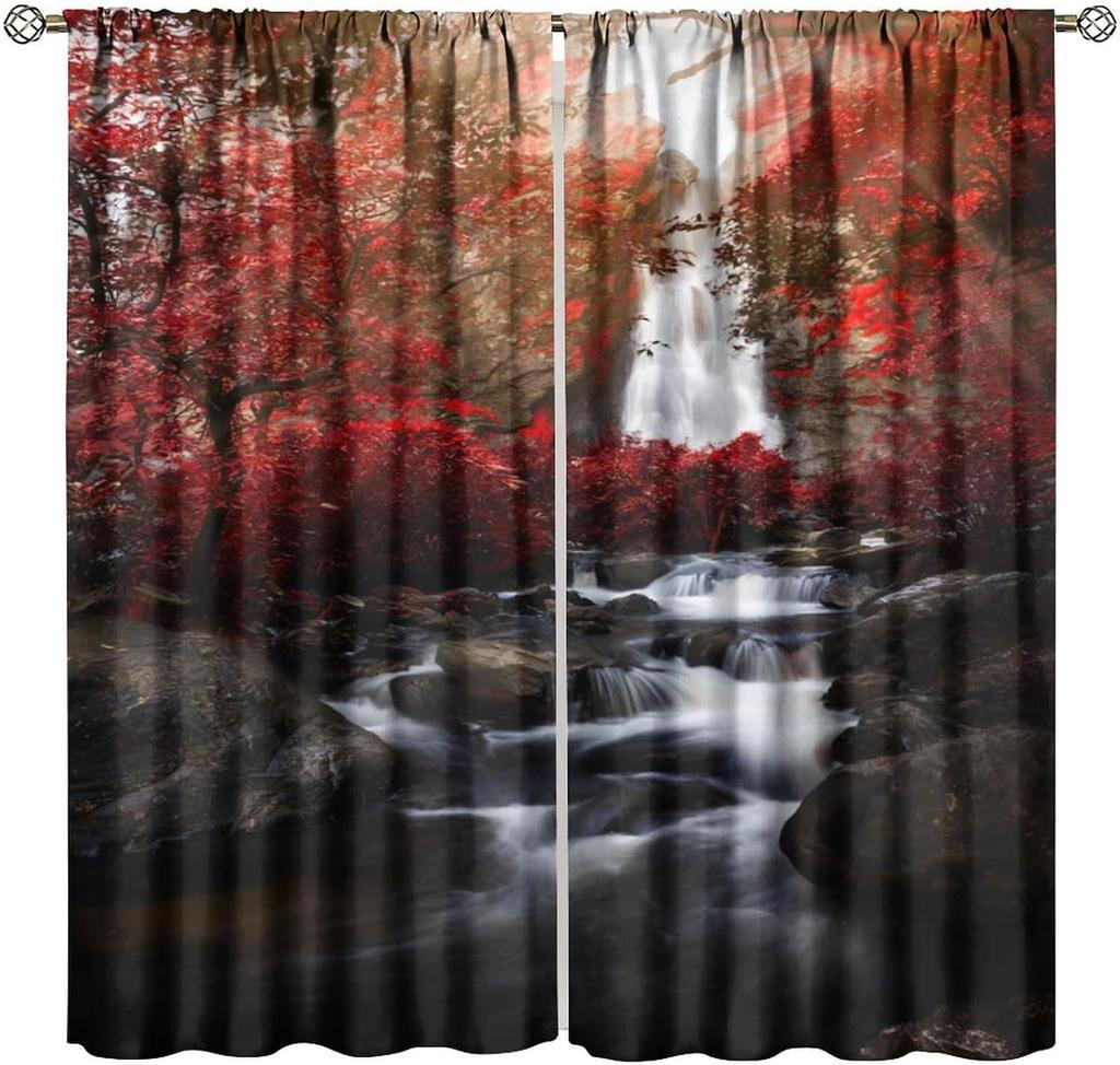 Blackout Red Forest Waterfall Windows Curtains Tree Landscape Woodland Scenic Nature Fall Scenery Art Printed Curtain Made Of Polyester Washable