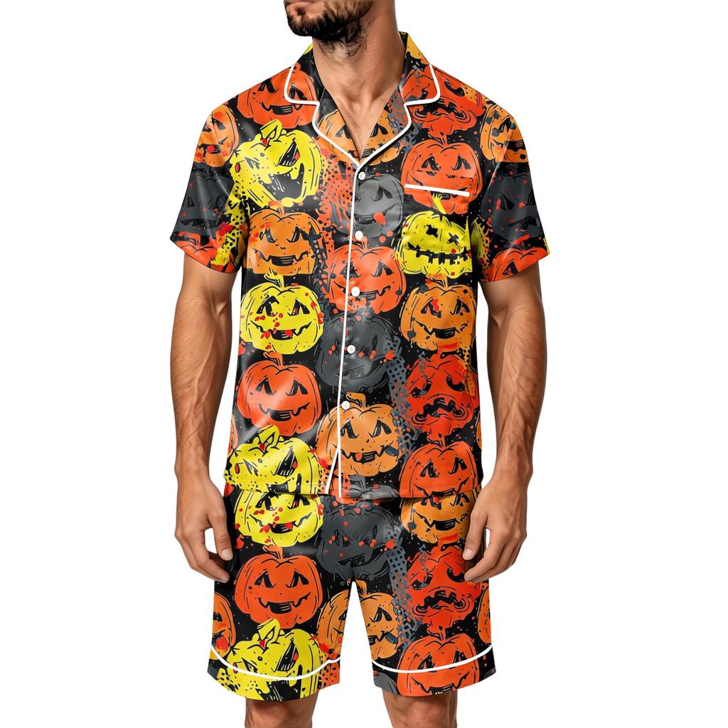 Men's Halloween Print Satin Pajama Set - Short Sleeve Tee and Shorts with Pockets, Loose Fit Sleepwear for Home