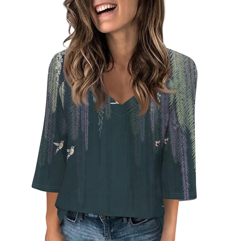 Women's V Neck 3/4 Sleeve Tops Casual T Shirts Basic Summer Tees Loose Pullover Top