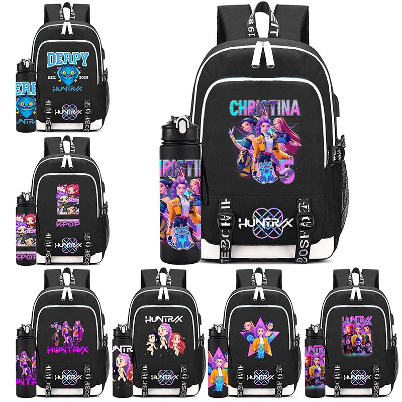 2Pcs/set Anime K-Pop Demon Hunters Printed Backpack Large Capacity Bookbag with 750Ml Water Bottler Laptop Student Boy Girl Large Capacity Bookbag