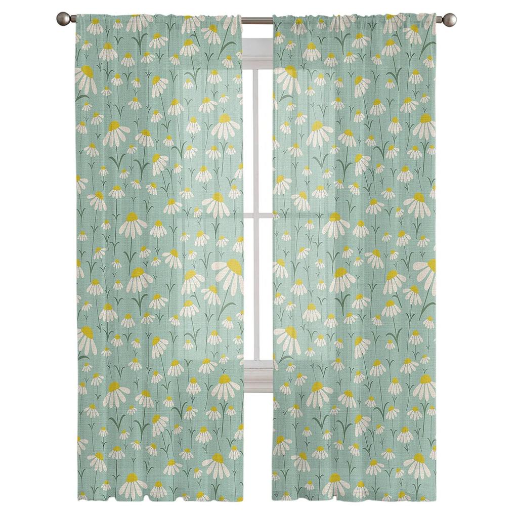 Spring Chrysanthemum Watercolor Flower Bedroom Transparent Sheer Curtains Holiday Decoration Window Voile Tulle Curtain