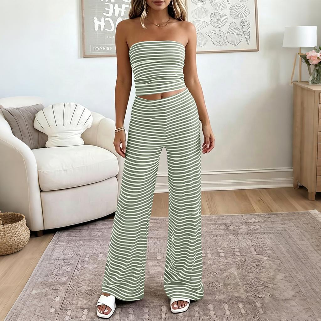 Damen Casual Trägerloses Schlauchtop und Weite Hosen Set Elastischer Bund Zweiteiliges Loungewear Outfit für Urlaub und Zuhause