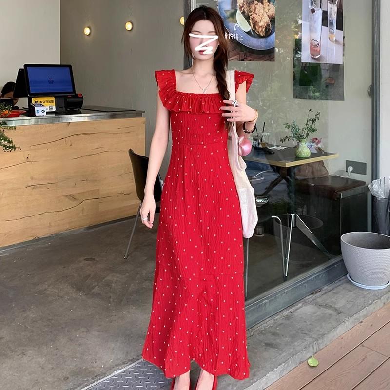 Xiaofei sleeve French polka dot red suspender dress children's summer new seaside vacation beautiful long dress