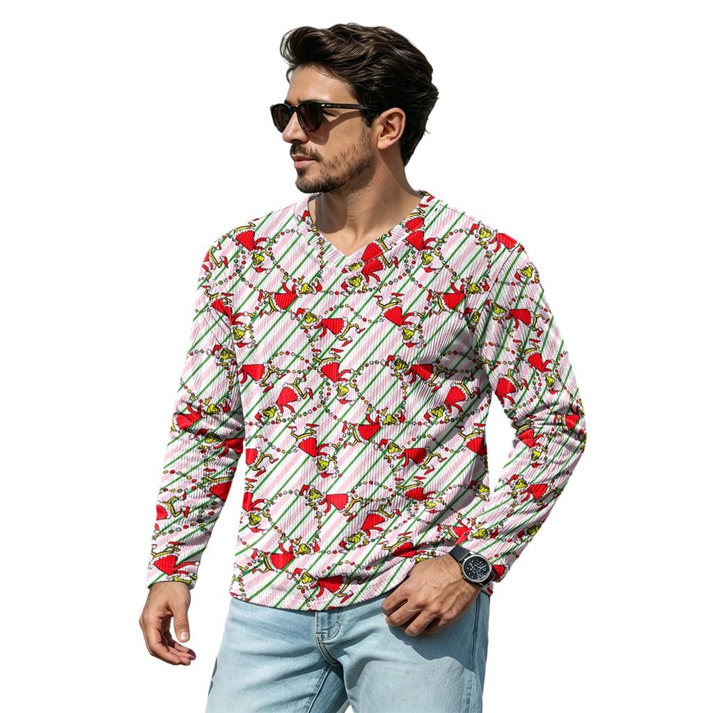 Men's Casual Christmas V-Neck T-Shirt Comfortable Loose Fit Street Printed Top