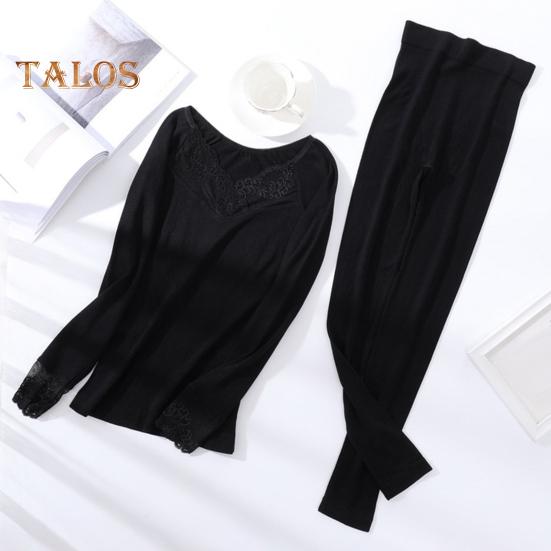 1 Set Damen Thermo-Unterwäsche-Set, Herbst/Winter, Spitze, V-Ausschnitt, Langarm, Hemd, Unterteil, lange Hosen, warme Basisschicht, Top, Leggings