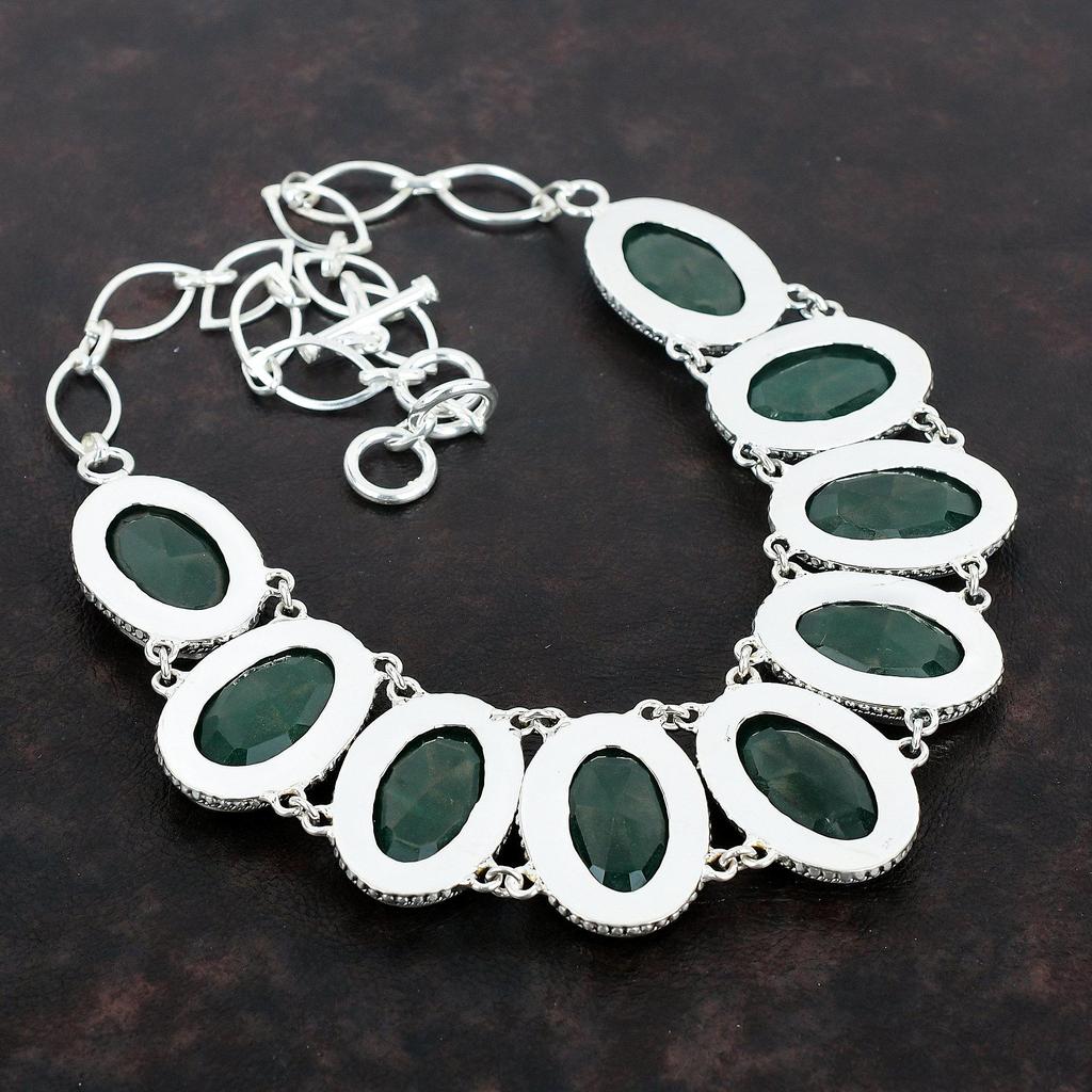 Fasetowany Naszyjnik ze Szmaragdu Zambijskiego Biżuteria z Kamieni Szlachetnych Srebro Próby 925 Regulowany Łańcuszek Ręcznie Robiony Naszyjnik Vintage Prezenty na Zaręczyny