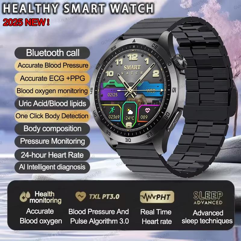 2025 New Micro Physical Examination Blood Lipids Uric Acid Blood Pressure Smart Watch ECG+PPG Clock Bluetooth Call Smartwatch Men