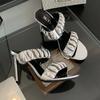 Fashion Luxury Metal Decorative Mules Slippers Women Summer Sexy Open Toe Elegant Thin High Heels Pumps Patent Leather Slide Sandals