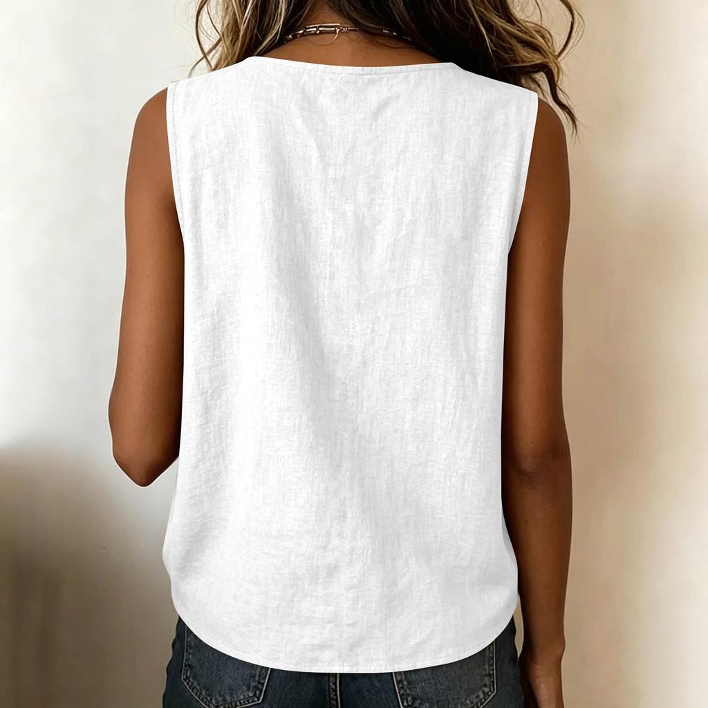 Women's Casual Linen Sleeveless Tank Top, Round Neck Loose Fit Blouse With Side Buttons, Summer Textured Camisole