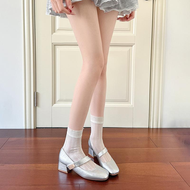Silver Korean Small Square Head Spring and Autumn New Mary Jane Soft Leather Soft Sole Comfortable Thick Heel Fashion Single Shoes Women