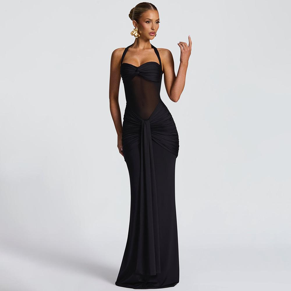 2026 Summer Women's Sheer Mesh Mermaid Gown, Adjustable Halter Neck Dress with Flowing Sash, Sexy Bodycon Evening Dress for Formal Parties