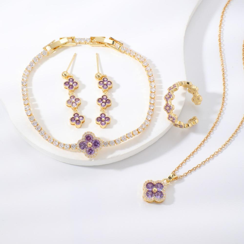 New Small Exquisite, and Versatile Four-leaf Clover Necklace Bracelet Earrings and Ring Set - A Birthday Gift