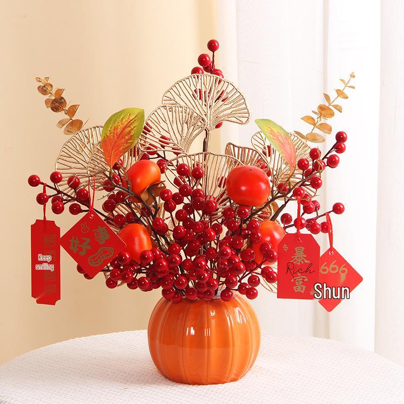 Luxurious Chinese-Style Pomegranate Fruit Arrangement: Faux Red Berries & Flowers for Living Room or Restaurant Decor