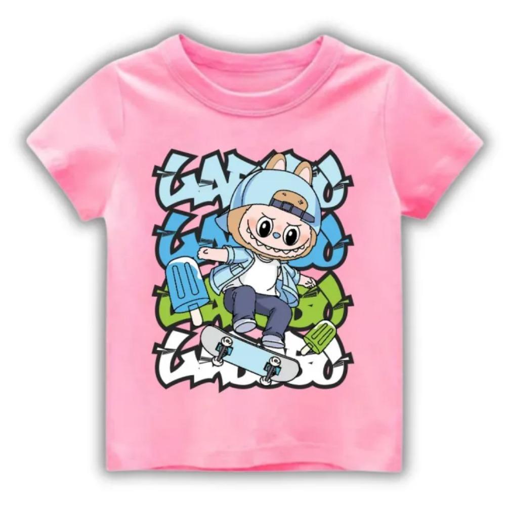 

2025 New Children s T-shirt Skateboarding Youth LABUBU Printed Round Neck Short Sleeve Casual Girls Top 110