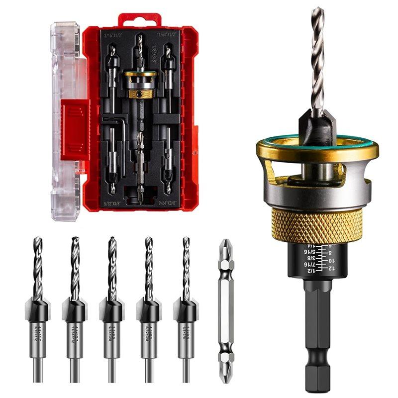 Countersink Drill Bit Set-5 Pcs 82° Counterbores 1/4" Hex Shank Countersink Bits With Depth Stop Collar-B61B