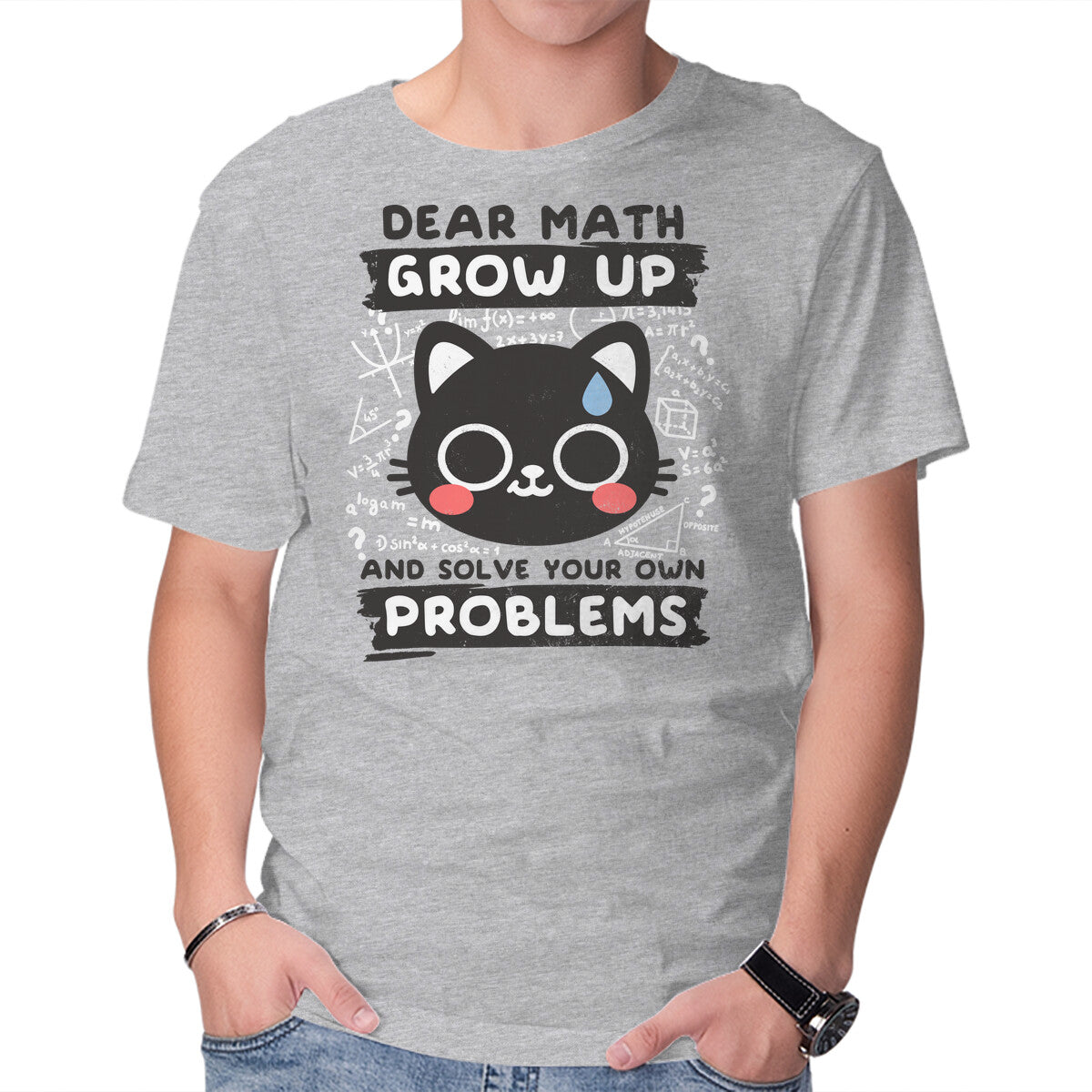 Unisex Crew Neck T-Shirt Math Confused Cat Graphic Short Sleeve Casual Tee S