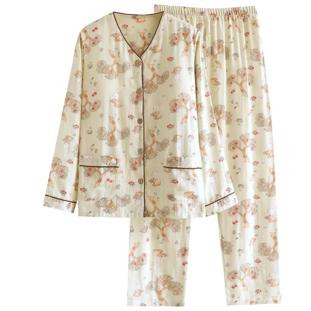 Women's Cotton Pajamas Set with Removable Chest Pads, Long-Sleeve and Pant, Casual Loose Fit for Autumn and Spring. Suitable for Home or Outdoor Wear.