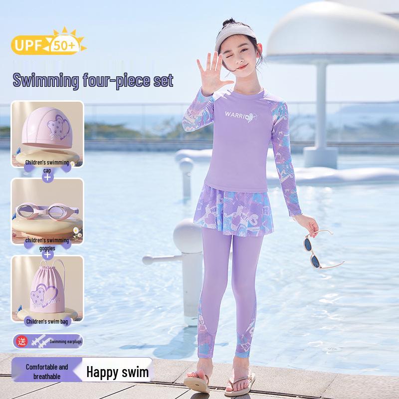HuiLi 2025 Girls' Long-Sleeve Two-Piece Swimsuit Set for Middle School Students