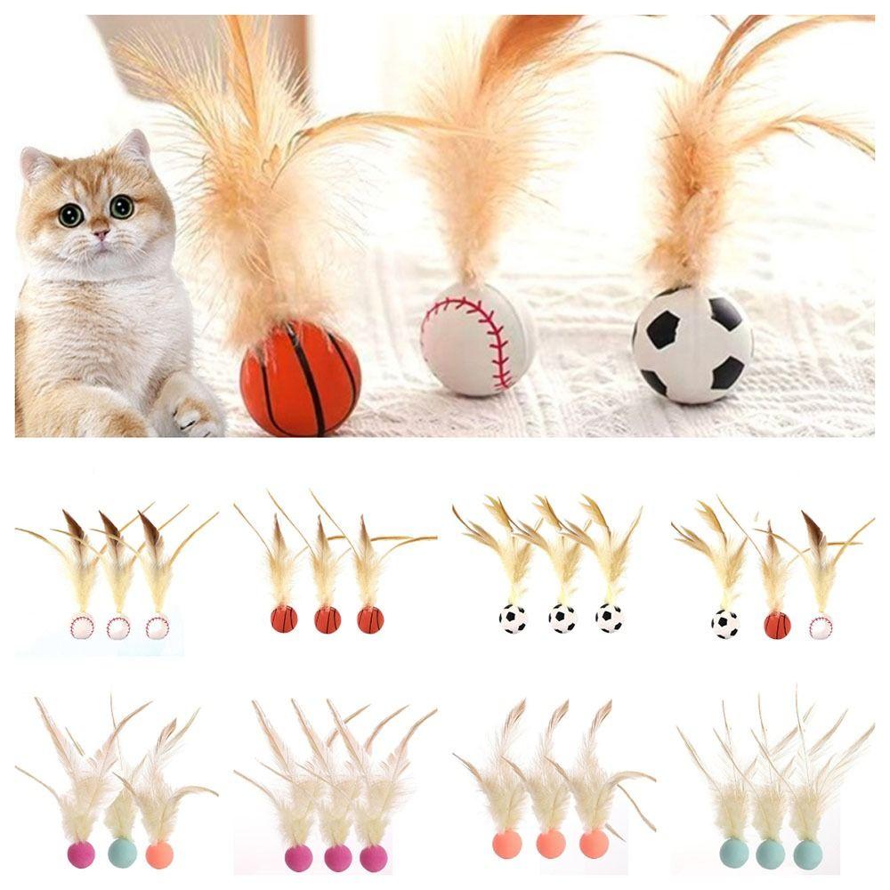 3Pcs Solid Biting Cat Interactive Ball Toy with Feathers Self Fun Cat Toy Bouncing Balls Interactive Play Elastic
