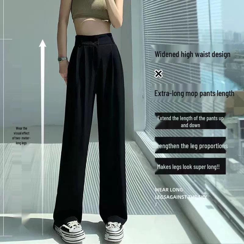 Dámské letní kalhoty s vysokým pasem, černé, se širokými nohavicemi, 2024, slim fit s splývavým efektem