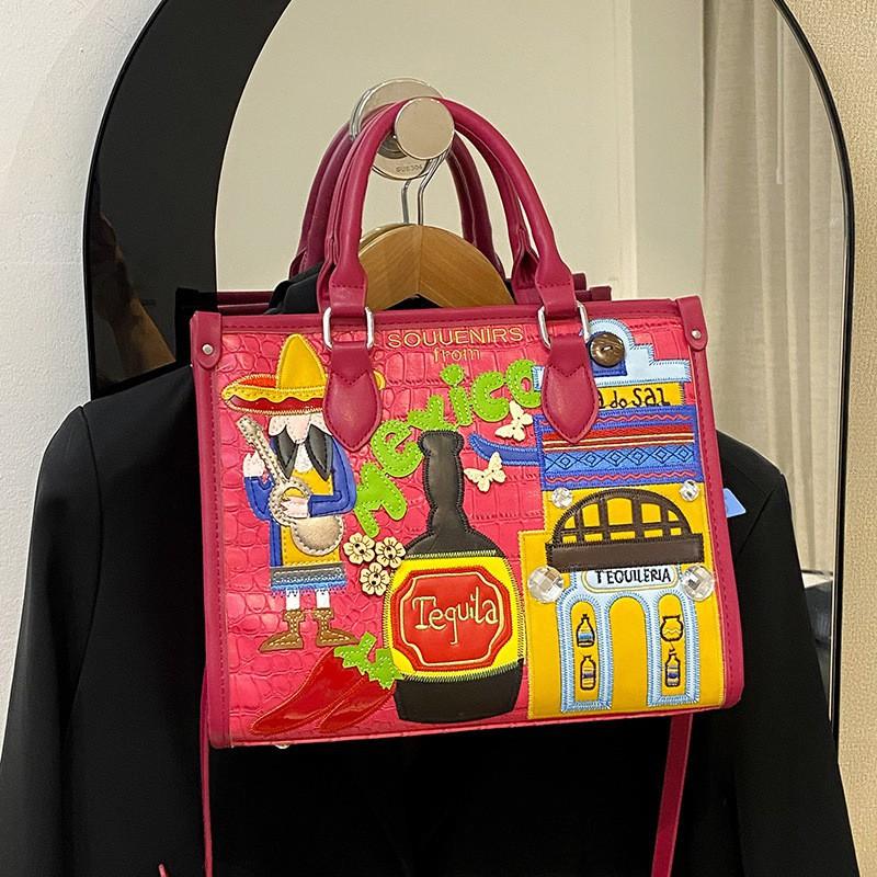 

Large-capacity Handbag Female Niche Design Mexican Style Patch Cloth Embroidery Graffiti Single-shoulder Cross-body Bag троянди рожеві кольору