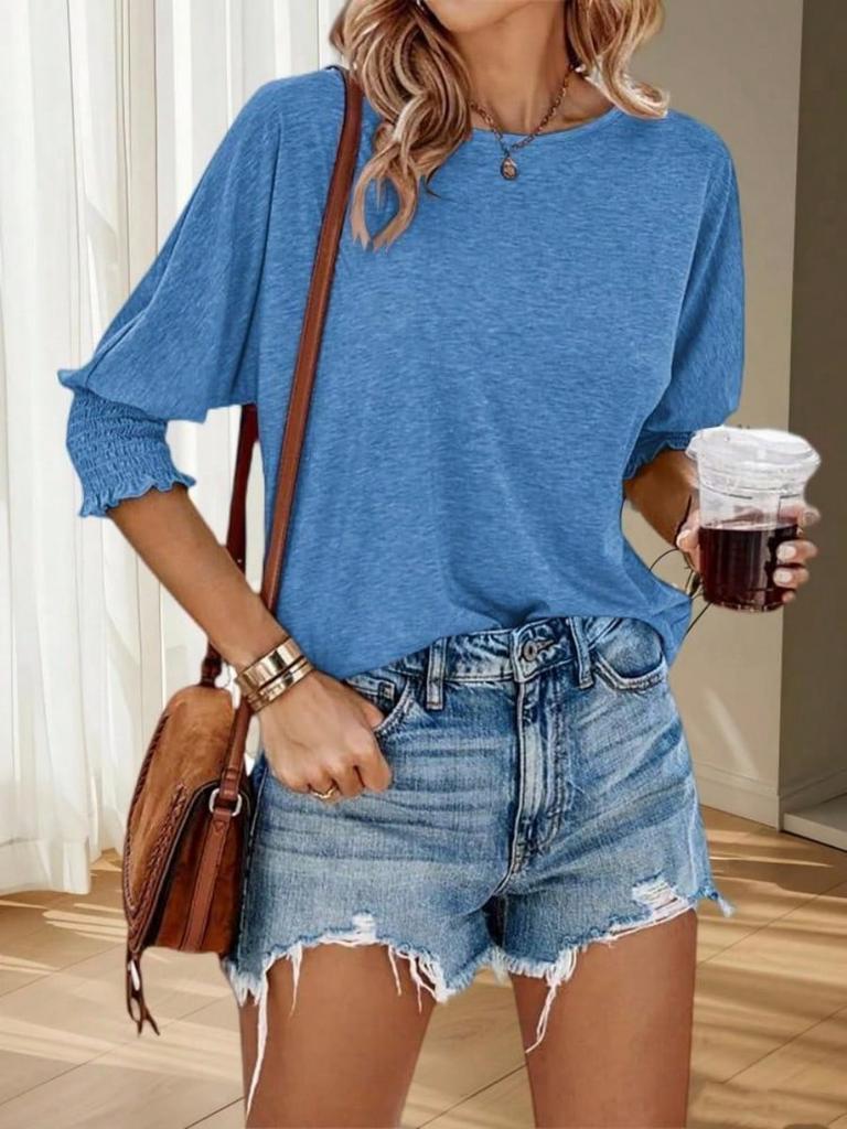Women's Solid Color Crew Neck Blouse Three Quarter Sleeve Loose Fit Work Top