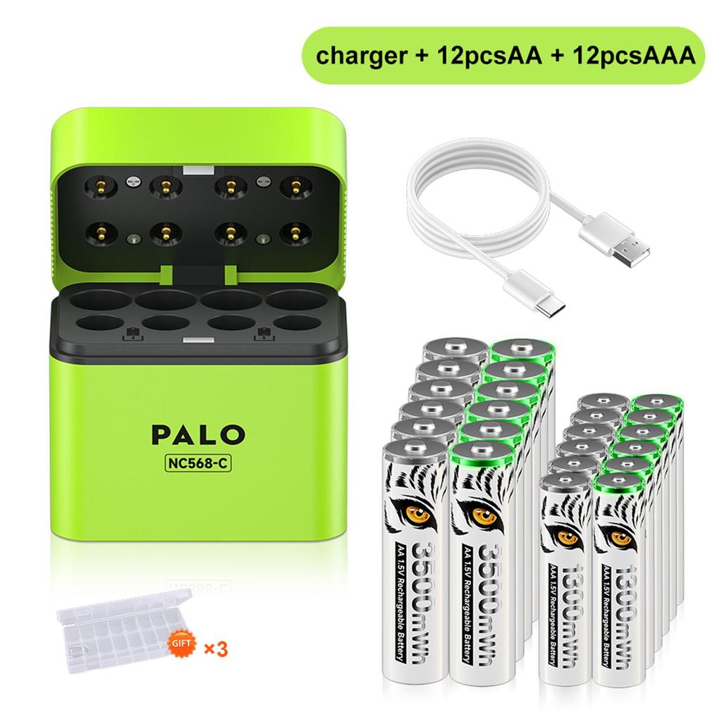 PALO 1.5V AA 3500mWh Rechargeable Battery AAA 1300mWh Lithium-ion Batteries With 8-slot Fast Intelligent Battery Charger