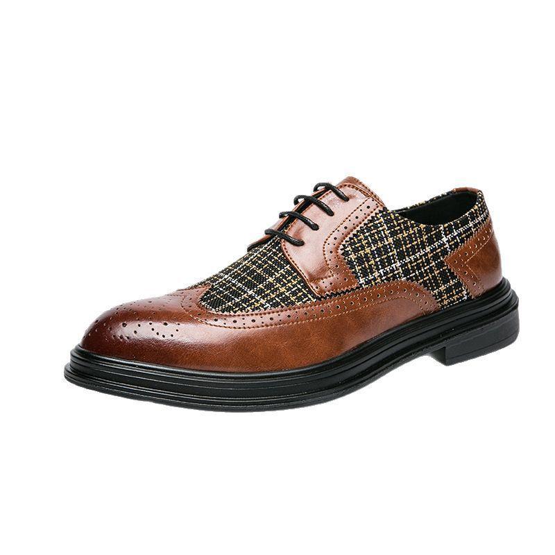Men's Shoes Large Size New Leather Shoes Fashion Business Dress Color Matching Brock Engraved Leather Shoes Trendy Wedding Shoes