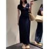 Women's Elegant Korean-Style Bodycon Dress - Dark Blue Floral, Short-Sleeve, Crew Neck, Long Skirt