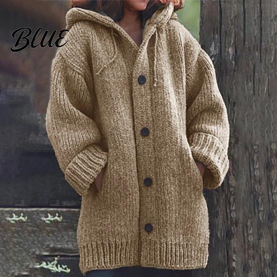 Vielseitiger Damen Pullover Jacke Mantel Mit Kapuze Kordelzug Langarm Einzelknöpfig Einfarbig Gestrickt Mittellang Oberbekleidung Locker Sitzend Cardigan